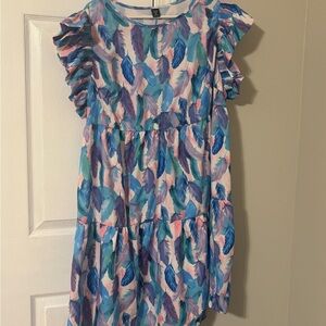 Casual Feather-Print Ruffle Sleeve Dress - Blue/Pink